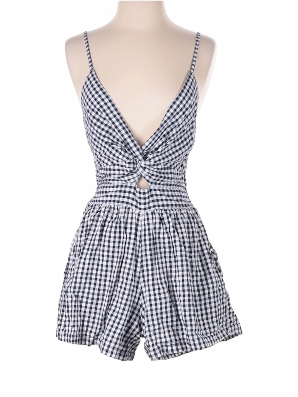 Angie Navy and White Gingham Tie-Front Romper Shorts